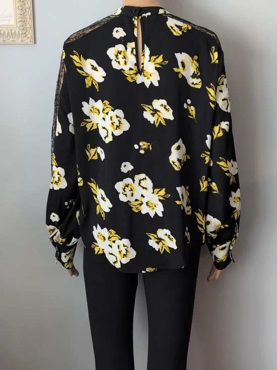 Cleo Black & Yellow Floral Blouse with Lace Sleeve Inset - Size M - Picture 9 of 14